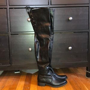 Thigh high faux leather flat boots